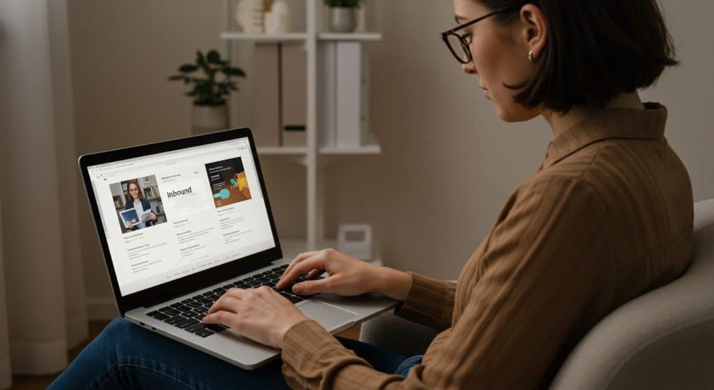 Imagem de uma mulher utilizando o notebook para pesquisar sobre inbound marketing