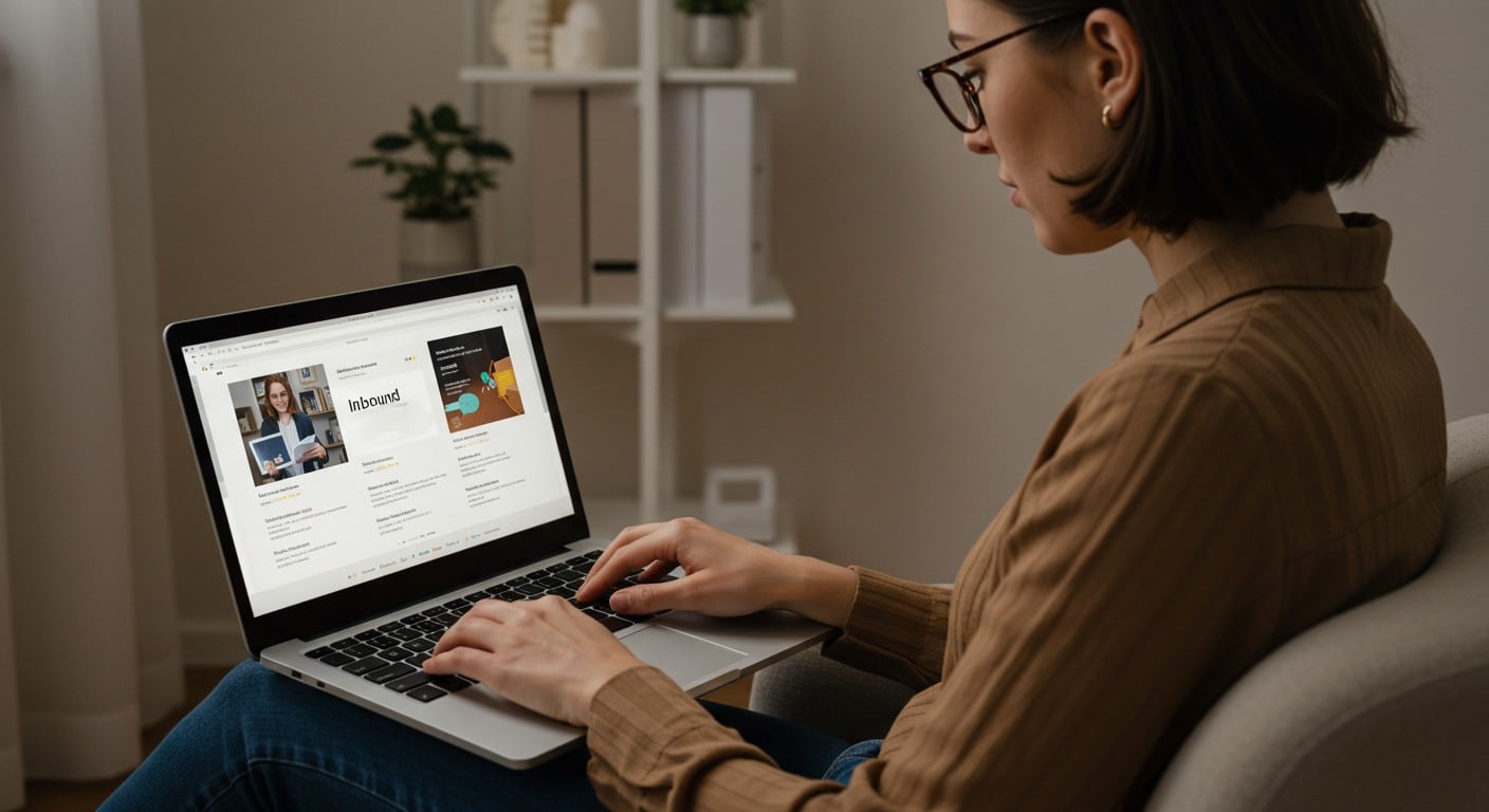 Imagem de uma mulher utilizando o notebook para pesquisar sobre inbound marketing