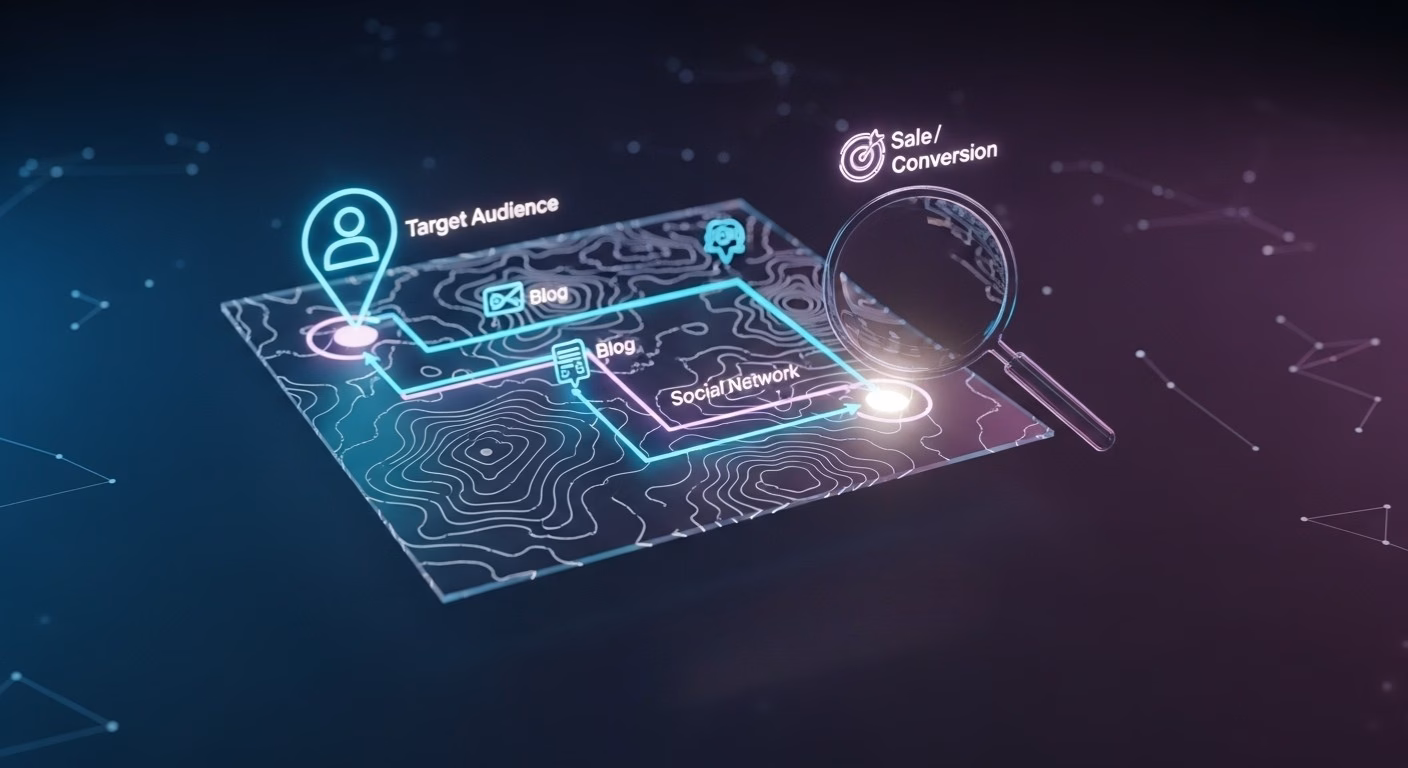 Mapa estilizado com linhas topográficas conectando ícones de “Target Audience”, “Blog”, “Social Network” e “Sale/Conversion”, com uma lupa destacando o ponto final, representando o caminho do público-alvo até a conversão no marketing digital.
