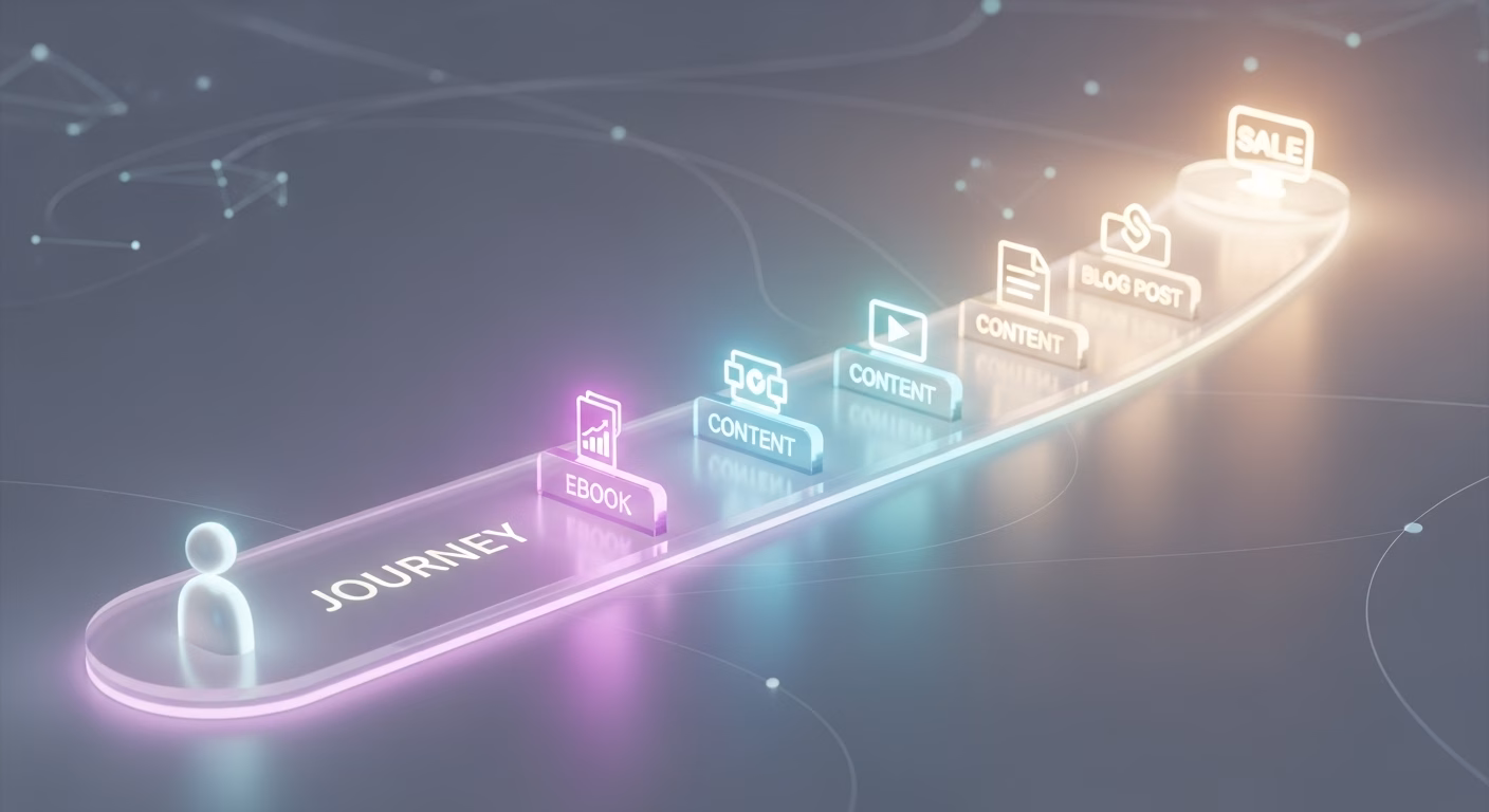 Alt text disse: Caminho iluminado com a palavra “JOURNEY” na base, seguido por ícones representando etapas de conteúdo como “EBOOK”, “CONTENT”, “BLOG POST” e finalizando em “SALE”, simbolizando a jornada do cliente até a conversão.