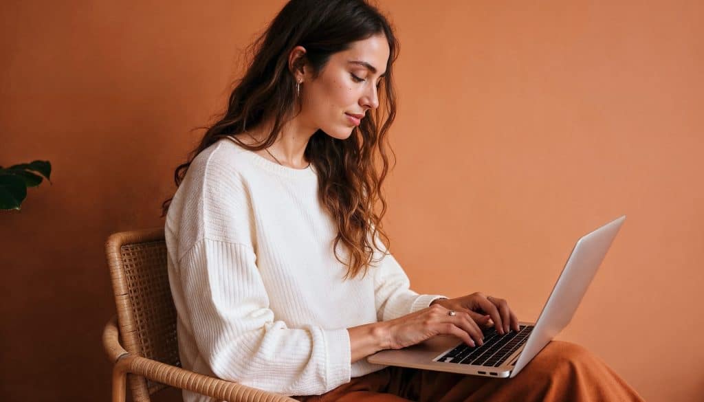 Mulher sentada em uma cadeira de vime, concentrada enquanto trabalha em um laptop. O fundo minimalista em tom laranja cria uma atmosfera acolhedora e moderna.
