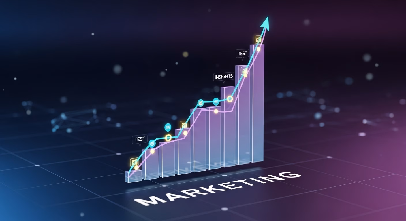 Gráfico de barras tridimensional em crescimento com a palavra “MARKETING” na base, linhas de progresso com pontos de dados conectados e etiquetas como “TEST” e “INSIGHTS” em diferentes etapas, simbolizando análise e evolução de estratégias.