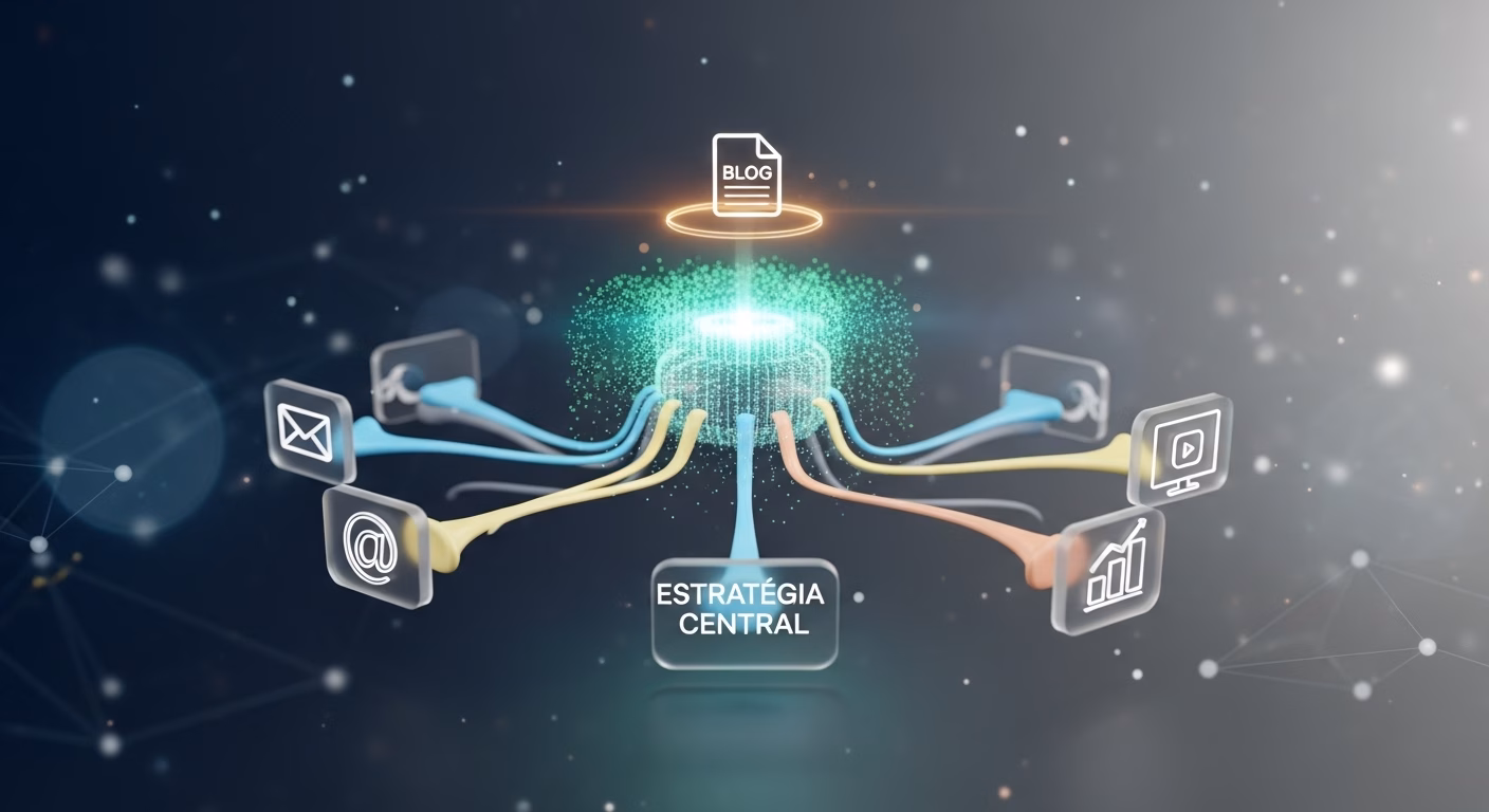 Diagrama digital com fios coloridos conectando um núcleo brilhante ao centro, identificado como “Estratégia Central”, a seis ícones representando canais de comunicação: envelope (e-mail), arroba (rede social), documento com a palavra “BLOG”, tela de vídeo, gráfico de crescimento e usuário com engrenagem.