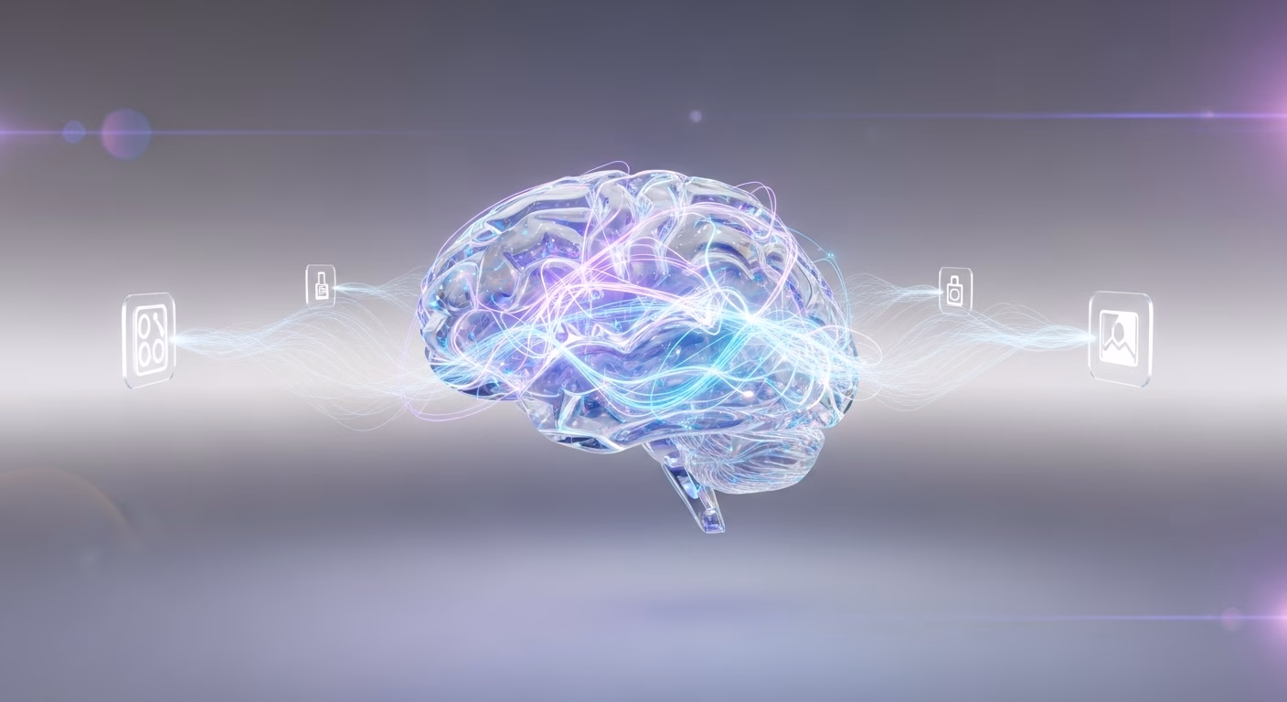 Cérebro translúcido ao centro com fios de luz coloridos conectando ícones flutuantes ao redor, representando dados visuais, segurança e informações, em um ambiente tecnológico abstrato.