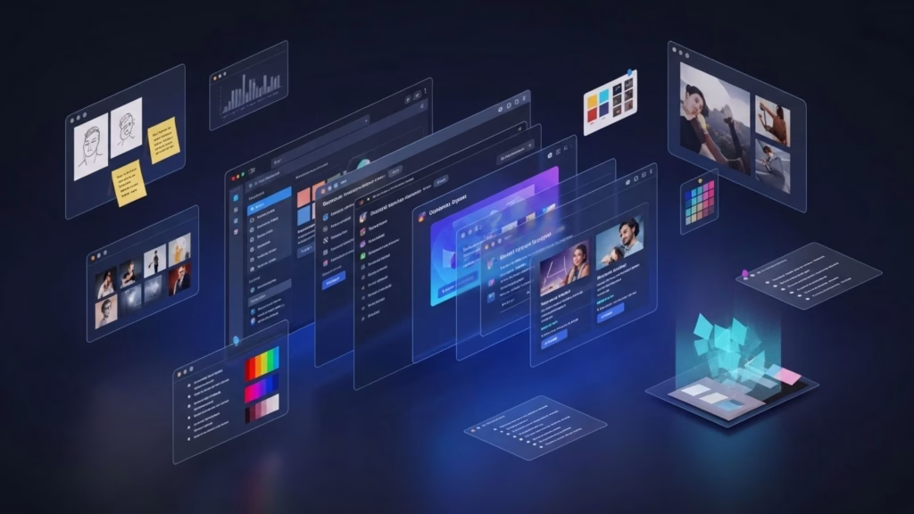Ilustração digital com várias janelas de interface flutuando em fundo escuro, representando ferramentas criativas digitais.