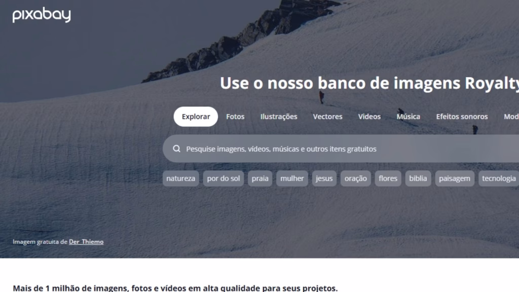 Tela do Pixabay com fundo de montanha nevada e barra de busca central para imagens, vídeos e músicas gratuitas.