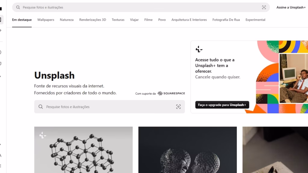 Tela do site Unsplash com menu de categorias no topo e imagens em miniatura abaixo, destacando o serviço de banco de imagens gratuito.