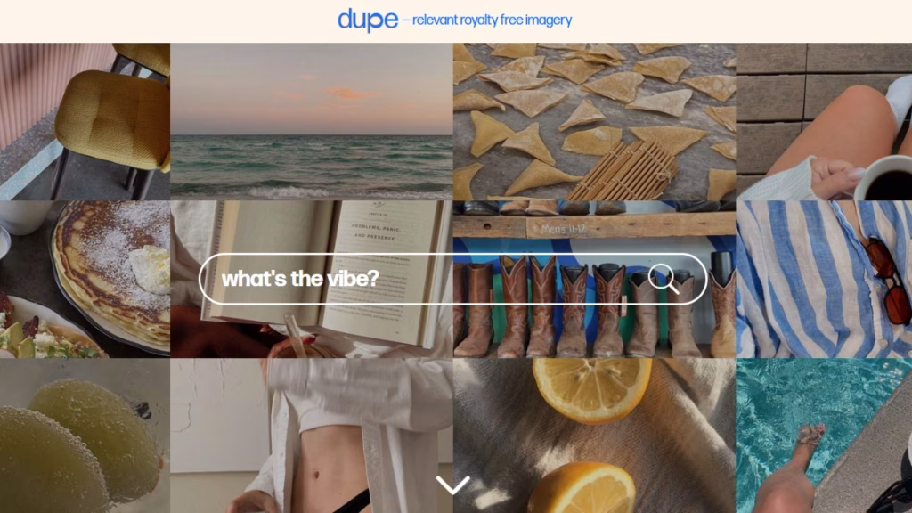 Interface do site Dupe exibindo colagem de imagens estéticas e a frase “what’s the vibe?” na barra de busca central.