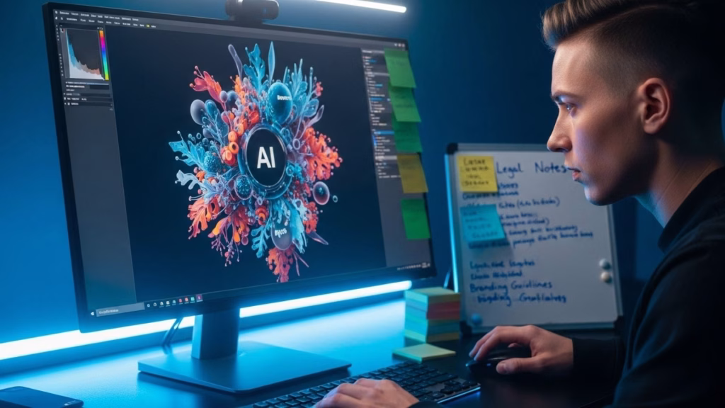 Pessoa concentrada em frente a um monitor com uma arte digital colorida e a palavra "AI" no centro, em ambiente moderno de trabalho.