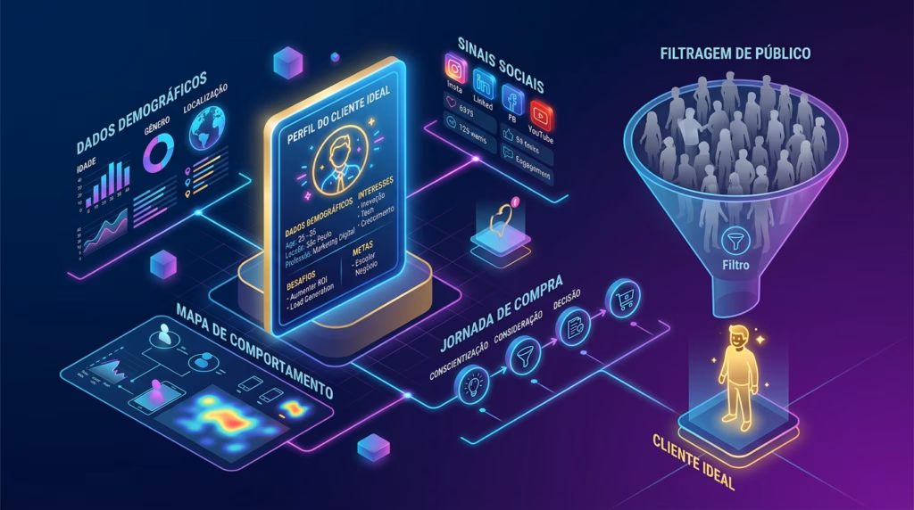 Infográfico isométrico em neon sobre o perfil do cliente ideal, mostrando dados demográficos, sinais sociais, jornada de compra e filtragem de público para marketing digital.