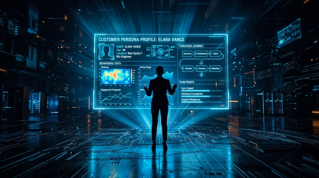 Interface futurista de análise de dados exibindo o perfil de uma persona (Elara Vance), com gráficos de comportamento, mapa de calor e etapas da jornada de decisão de compra.