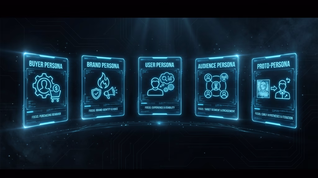 Cinco cartões holográficos comparando diferentes tipos de personas: Buyer Persona, Brand Persona, User Persona, Audience Persona e Proto-Persona, destacando seus focos principais.