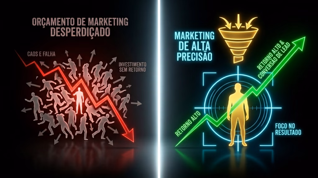 Comparativo visual entre orçamento de marketing desperdiçado (caos e investimento sem retorno) e marketing de alta precisão focado em conversão de leads e ROI elevado.
