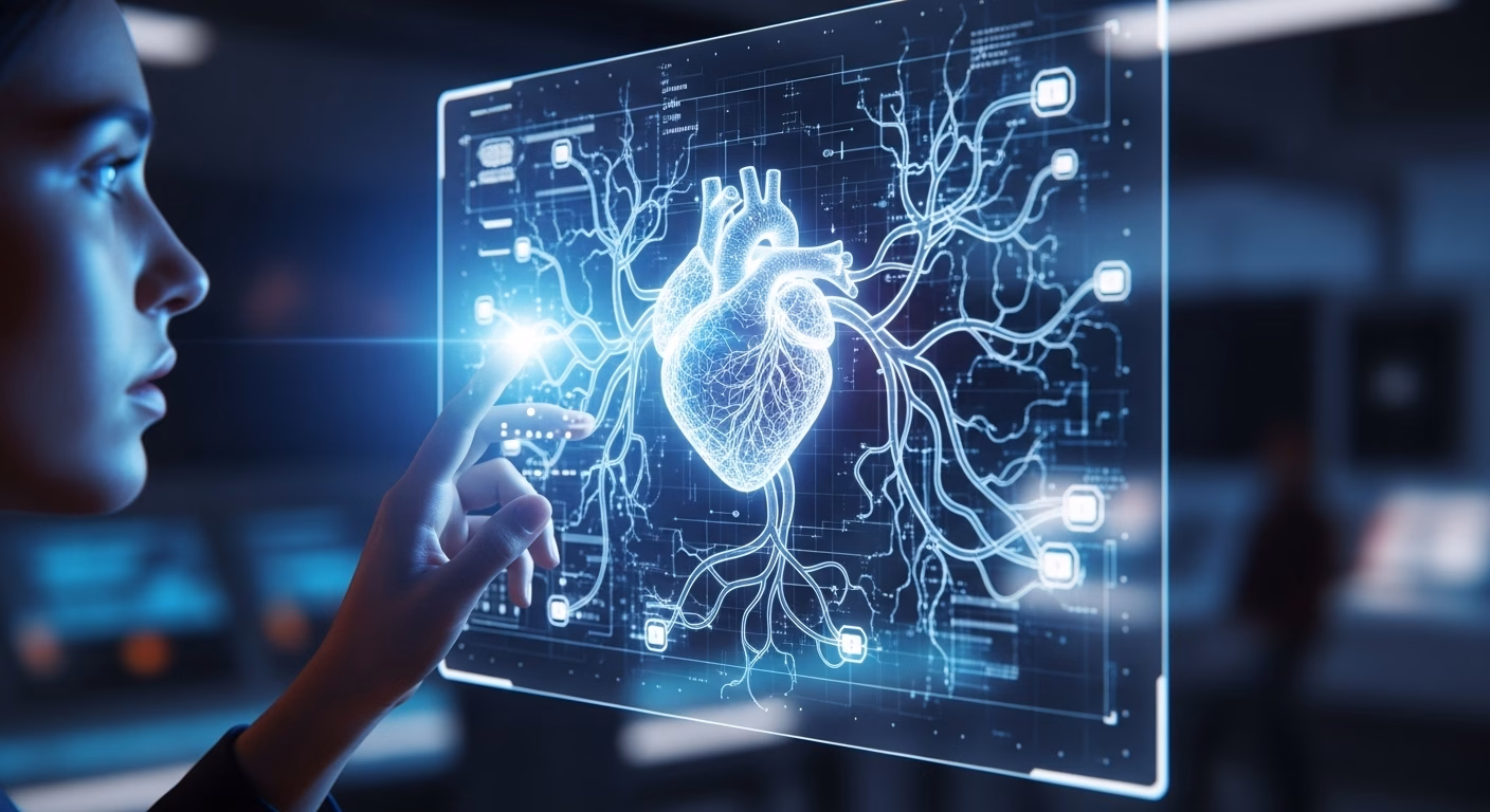 Pessoa interagindo com uma tela digital transparente que exibe um coração humano em azul com ramificações de veias e artérias, simulando um sistema circulatório em interface tecnológica.