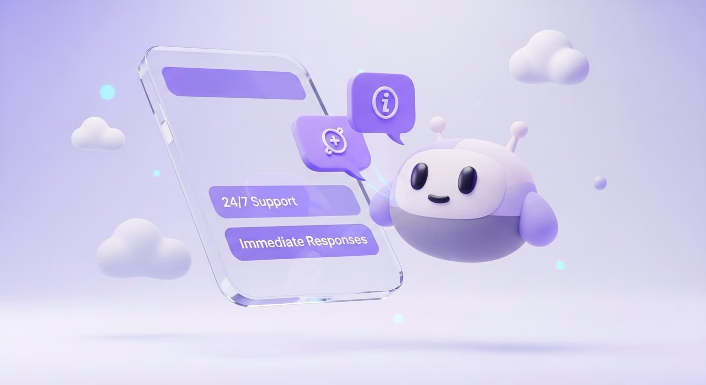 Robô simpático flutuando ao lado de uma interface de celular transparente com botões roxos escritos “24/7 Support” e “Immediate Responses”, rodeado por nuvens, simbolizando atendimento automatizado e constante por chatbot.