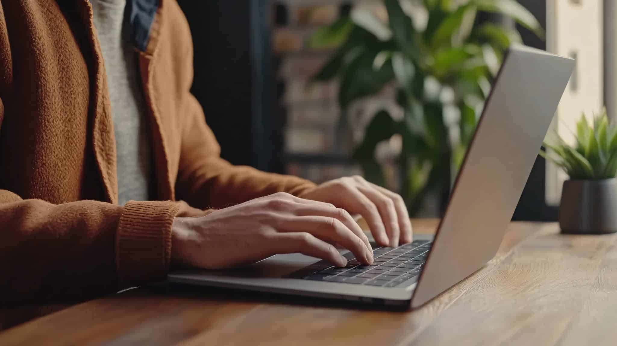 essoa digitando em um laptop em uma mesa de madeira, com uma planta ao fundo, em um ambiente de trabalho confortável.