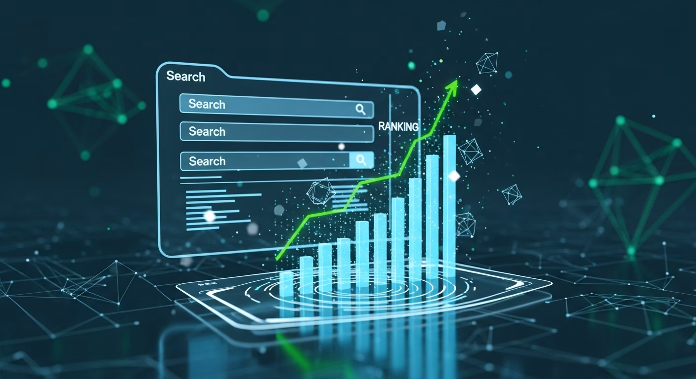 Gráfico de barras em crescimento projetado a partir de um smartphone, com interface de busca no topo e a palavra “RANKING” destacada, simbolizando aumento de posicionamento em mecanismos de pesquisa.