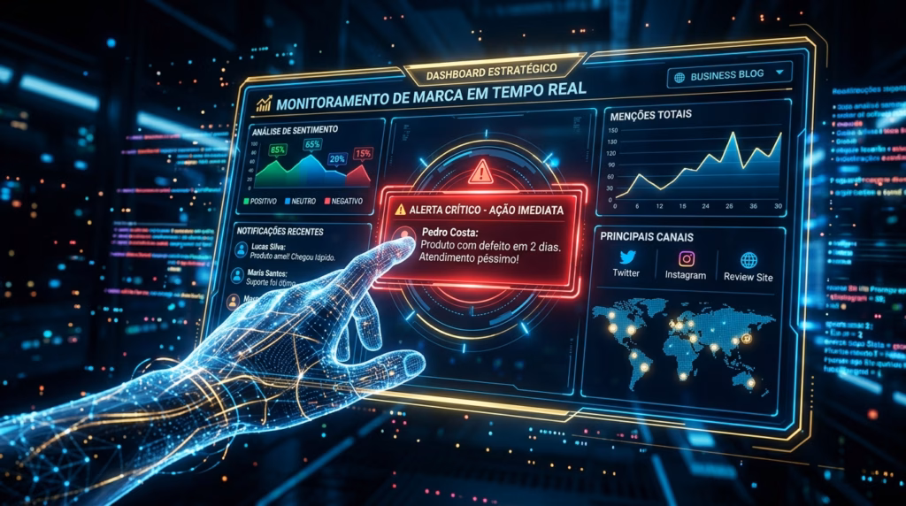 Uma imagem futurista de alta tecnologia mostrando um dashboard digital translúcido de "Monitoramento de Marca em Tempo Real". O painel exibe gráficos de análise de sentimento e menções totais, um mapa global de menções e uma lista de principais canais (Twitter, Instagram). No centro, uma mão cibernética iluminada toca uma notificação de alerta crítico de cor vermelha vibrante, que exibe um comentário de cliente negativo: "Pedro Costa: Produto com defeito em 2 dias. Atendimento péssimo!". O estilo é holográfico com luzes neon azuis e amarelas sobre um fundo de dados.