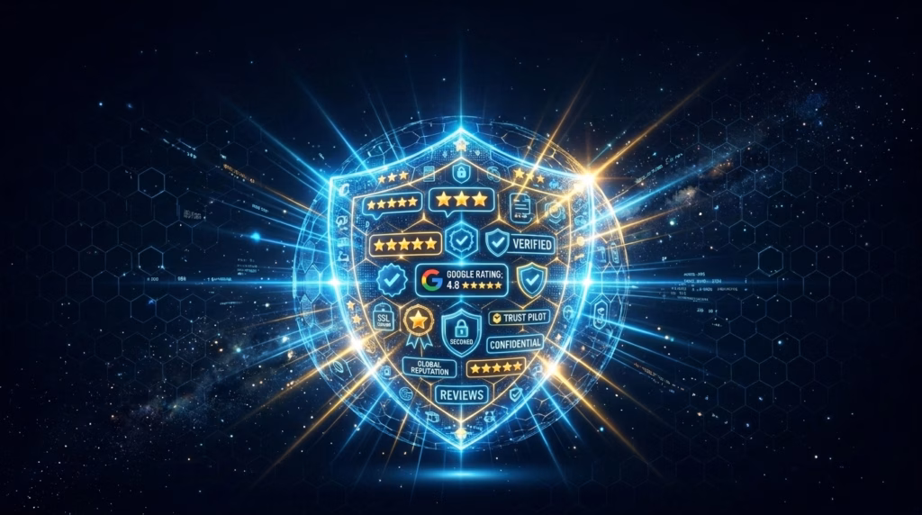 Um grande escudo de segurança digital flutuante feito de luzes neon azuis brilhantes, situado contra um fundo de galáxia e estrelas. O escudo está repleto de ícones de confiança e avaliações, incluindo estrelas douradas de 5 estrelas, o logotipo "Google Rating 4.8" e "Trustpilot". Textos flutuantes como "CONFIDENTIAL", "GLOBAL REPUTATION", "VERIFIED" e "REVIEWS" circundam o escudo. O escudo emite feixes de luz cruzados dramáticos.