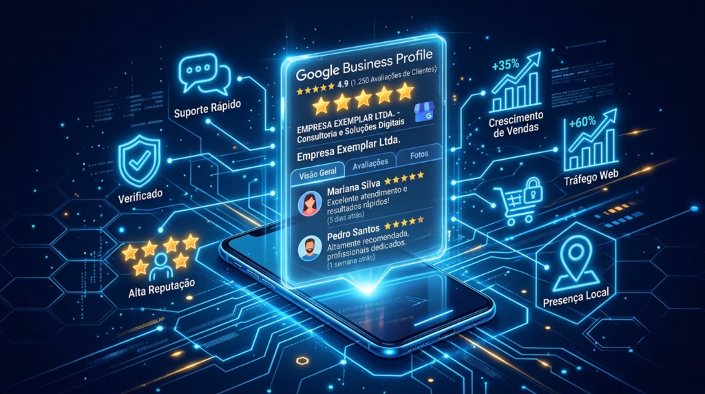 Um smartphone transparente e de alta tecnologia projetando uma interface holográfica flutuante de um "Google Business Profile" para "EMPRESA EXEMPLAR LTDA". O perfil mostra uma classificação de 4.9 estrelas com avaliações detalhadas de Mariana Silva e Pedro Santos. Ao redor do perfil, ícones flutuantes e brilhantes de cor azul neon representam estatísticas de negócios como "Crescimento de Vendas +35%", "Tráfego Web +60%", "Verificado", "Suporte Rápido" e "Presença Local". O smartphone está sobre uma placa de circuito brilhante com fundo escuro.
