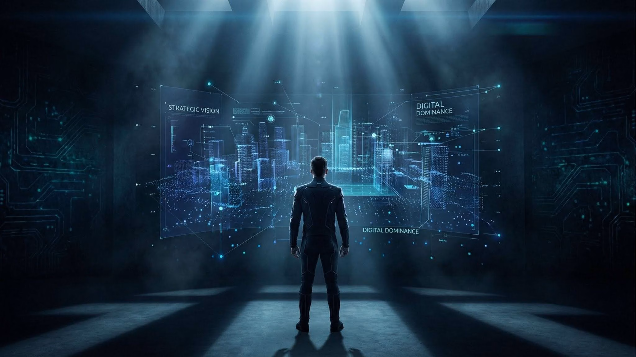 Vista traseira de um homem de pé em uma sala escura e futurista, observando uma grande projeção holográfica de uma cidade digital. O holograma exibe conexões de dados e os textos "STRATEGIC VISION" e "DIGITAL DOMINANCE".