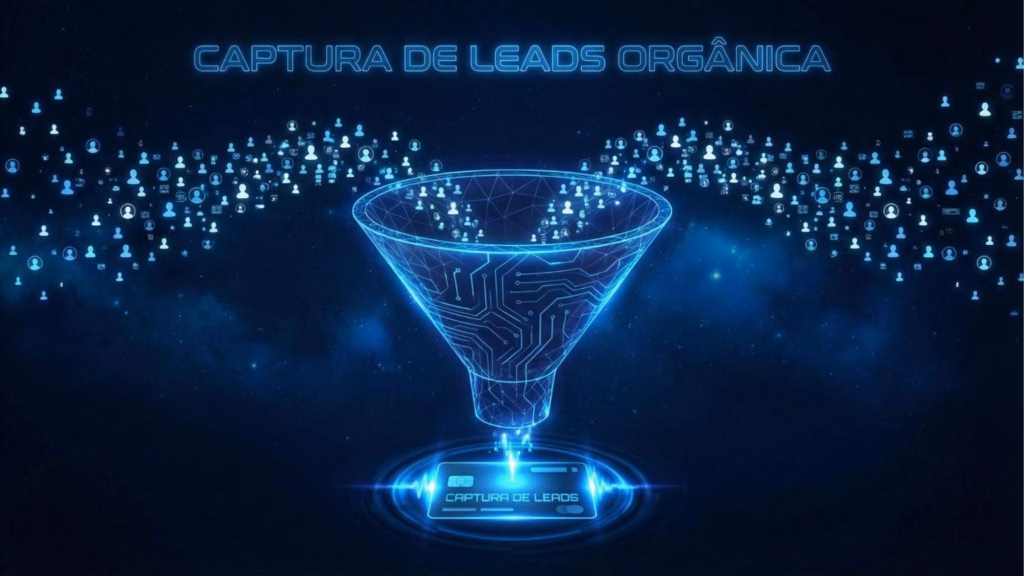Representação conceitual de um funil de vendas digital em tons de azul neon. Pequenos ícones de perfis de usuários flutuam na parte superior e entram no funil, que ostenta a frase "CAPTURA DE LEADS ORGÂNICA". Na base, os dados são processados sobre um cartão digital.
