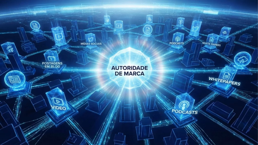Diagrama de rede futurista em uma perspectiva aérea de uma cidade digital. No centro, um núcleo brilhante com o texto "AUTORIDADE DE MARCA" se conecta a vários pilares que representam canais de conteúdo como "Vídeo", "Postagens em Blog", "Mídias Sociais", "Podcasts" e "Whitepapers".