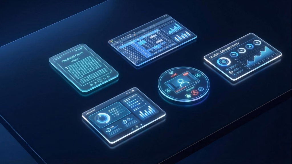 Diversas telas holográficas flutuando sobre uma superfície escura e reflexiva. As telas exibem gráficos de crescimento, uma interface de webinar ao vivo, infográficos de conectividade global e um documento intitulado "The Digital Future - Chapter 1".