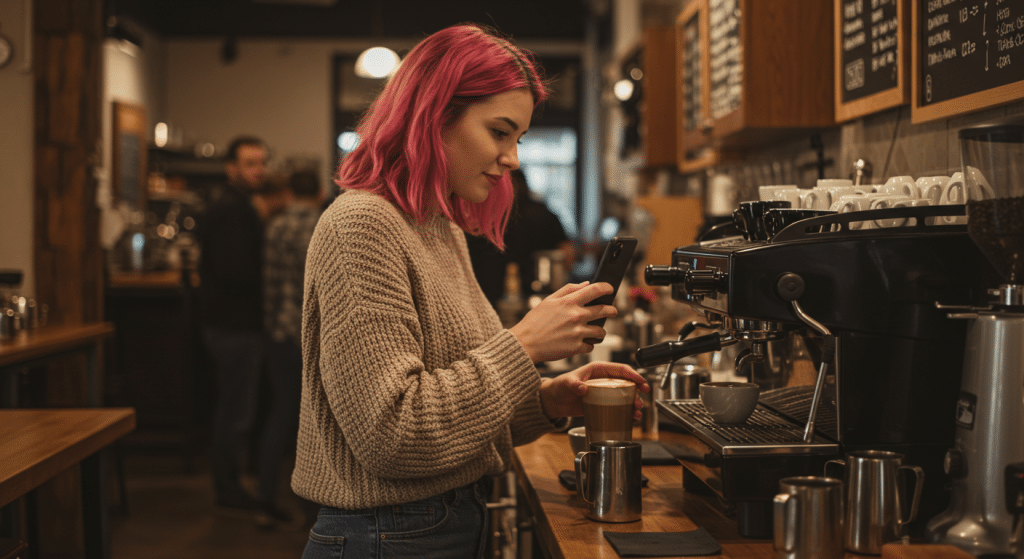 Mulher jovem com cabelo rosa tirando uma foto de uma bebida em um café aconchegante, com uma máquina de café expresso ao fundo.