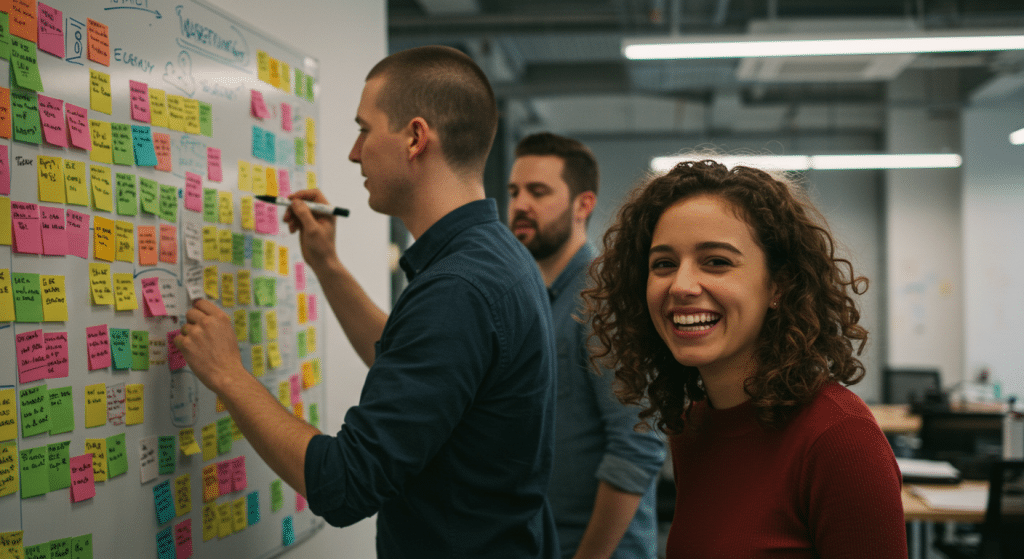 Imagem de um grupo de profissionais em um ambiente de escritório colaborativo, planejando estratégias em um quadro branco coberto por notas adesivas coloridas. Uma mulher de cabelos cacheados e sorriso amplo está em primeiro plano, transmitindo um ambiente de trabalho descontraído e criativo.