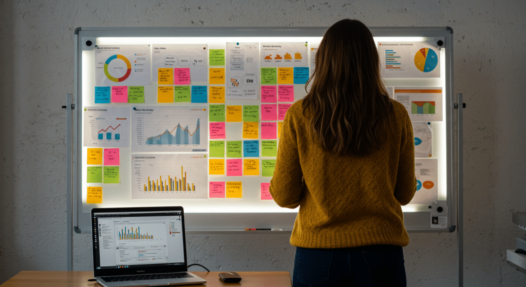 Pessoa analisando gráficos e anotações coloridas em um quadro branco iluminado, com laptop exibindo dados estatísticos em uma mesa à frente. Cena em ambiente de escritório, representando planejamento estratégico e análise de marketing.
