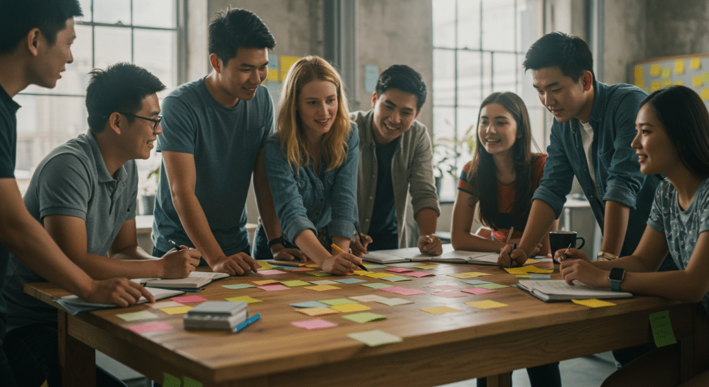 Grupo diverso de jovens profissionais reunidos ao redor de uma mesa, colaborando em ideias estratégicas, com post-its e cadernos espalhados, em um ambiente de escritório iluminado e criativo.