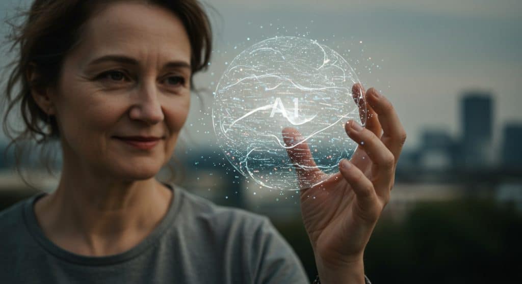 Uma mulher segurando uma esfera holográfica com o símbolo "AI", representando inteligência artificial, com um fundo urbano e uma atmosfera futurista.