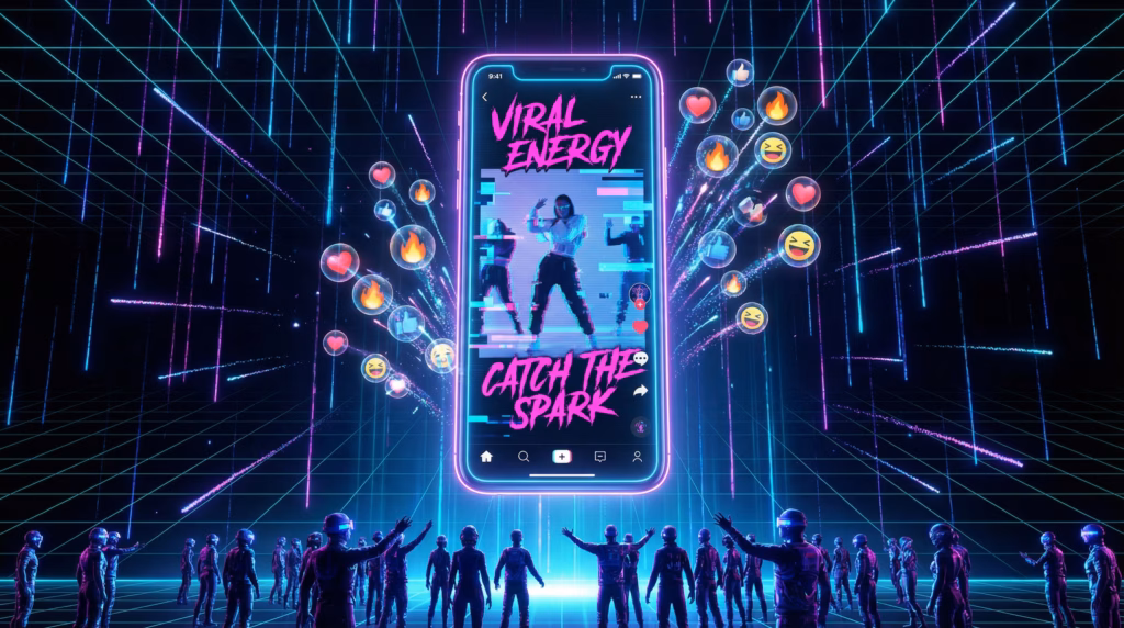 Interface de smartphone centralizada em um ambiente digital neon, exibindo um vídeo curto com o texto "Viral Energy" e "Catch the Spark". Ao redor, ícones flutuantes de curtidas, corações e reações, com uma multidão de silhuetas digitais assistindo ao conteúdo viral.