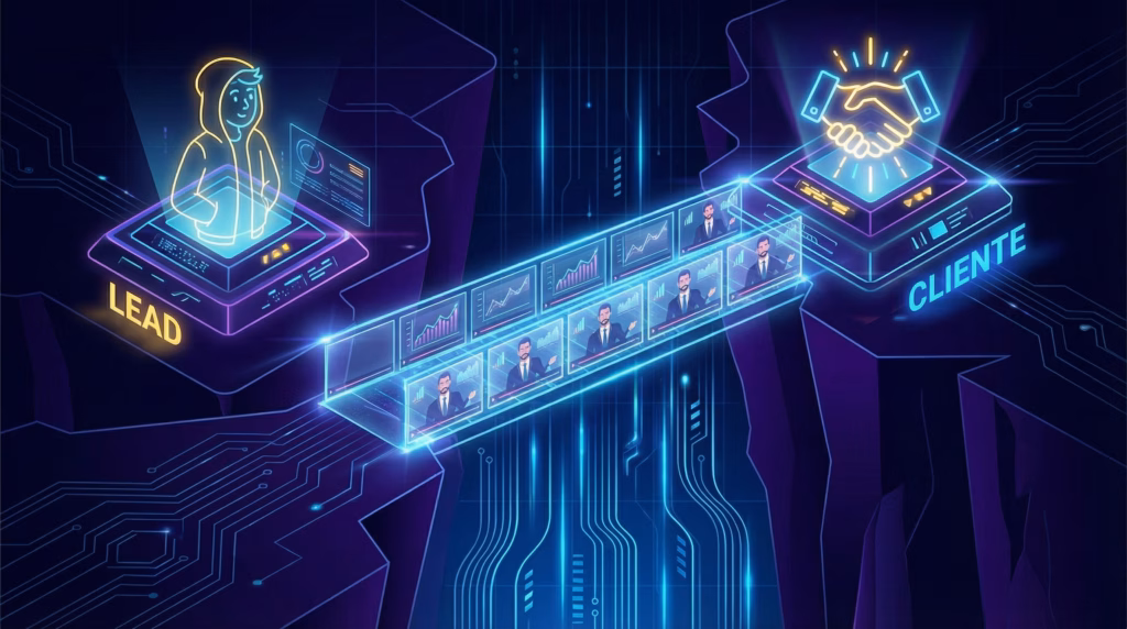 Infográfico conceitual mostrando uma ponte de vídeos conectando um "Lead" (potencial cliente) a um "Cliente" final. A imagem utiliza estética de circuito eletrônico e neon para ilustrar a jornada de compra através do funil de conteúdo em vídeo.