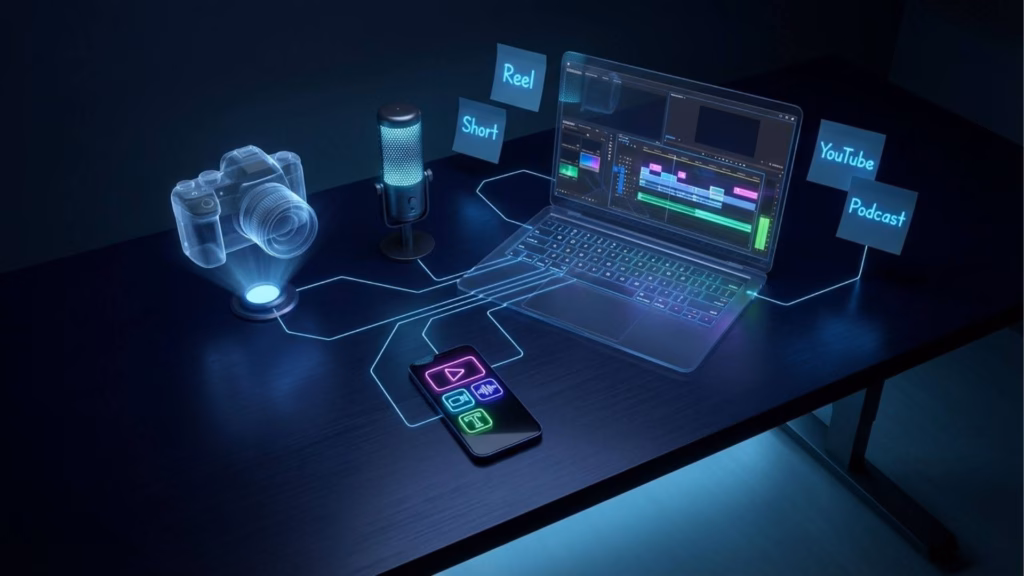 Ilustração futurista de um estúdio de produção de conteúdo digital com estética neon. Sobre uma mesa escura e texturizada, um laptop exibe um software de edição de vídeo (linha do tempo colorida). Ao lado dele, há um smartphone com ícones de mídia social (vídeo, imagem, texto), um microfone de estúdio com grade iluminada e um projetor holográfico exibindo uma câmera DSLR flutuante. Fios de luz neon azul conectam todos os dispositivos. Acima, post-its neon indicam os destinos do conteúdo: à esquerda "Reel" e "Short"; à direita "YouTube" e "Podcast". A cena ilustra o fluxo de trabalho integrado para criar e reaproveitar conteúdo de vídeo longo em formatos curtos.