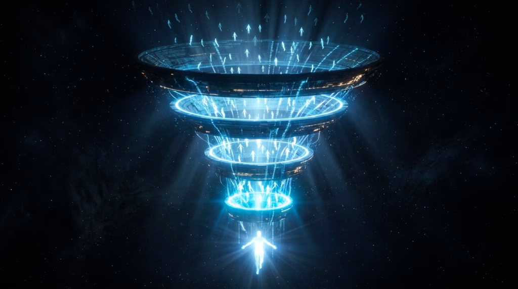 Ilustração digital de um funil de vendas tecnológico flutuando no espaço sideral. O funil é formado por anéis brilhantes de luz azul neon. Várias pequenas silhuetas humanas brilhantes estão sendo atraídas para a parte mais larga no topo. Elas descem pelos anéis do funil e convergem na base, saindo como uma única figura humana maior e intensamente iluminada.