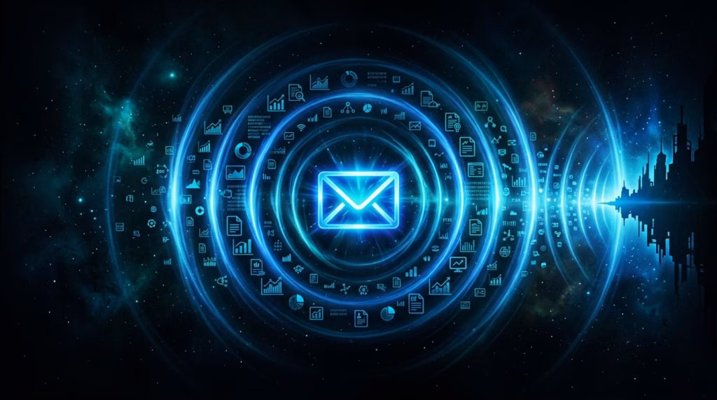 Ilustração digital abstrata com fundo espacial escuro. No centro, um ícone de envelope de e-mail brilha intensamente em azul neon, cercado por vários anéis luminosos concêntricos. Orbitando dentro desses anéis, há pequenos ícones digitais representando dados, gráficos, documentos e engrenagens. À direita, a silhueta de uma cidade futurista emite ondas de sinal em direção ao centro magnético.