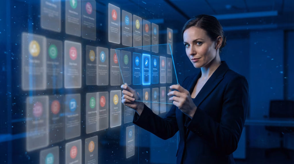 Uma executiva em um ambiente futurista de tons azulados segura uma tela de vidro transparente e brilhante entre as mãos. À sua frente, flutua um grande painel holográfico composto por diversos ícones coloridos organizados em grade, representando diferentes aplicativos ou funções de dados. Ela olha diretamente para a câmera com uma expressão confiante, simbolizando a liderança e o controle sobre as novas tendências de análise de dados e tecnologia.