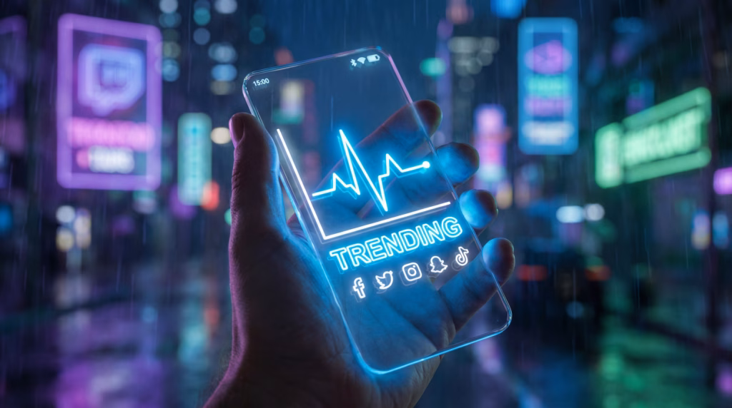 Close-up da mão de uma pessoa segurando um smartphone futurista e totalmente transparente sob chuva leve à noite. Na tela translúcida, brilha um gráfico de batimentos cardíacos em azul neon acima da palavra "TRENDING" (em alta). Abaixo do texto, estão os ícones brancos de redes sociais populares como Facebook, Twitter, Instagram, Snapchat e TikTok. Ao fundo, luzes de neon desfocadas de uma metrópole criam uma atmosfera tecnológica e urbana.