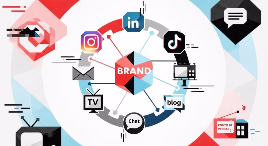A imagem representa o conceito de marketing 360°, com a marca (Brand) no centro conectada a diversos canais de comunicação e pontos de contato com o consumidor, como Instagram, LinkedIn, TikTok, e-mail, blog, chat, TV e ponto de venda. O design colorido e dinâmico destaca a integração entre mídias online e offline, ilustrando a importância de uma presença consistente e estratégica em múltiplos canais para construir e fortalecer o relacionamento com o público.