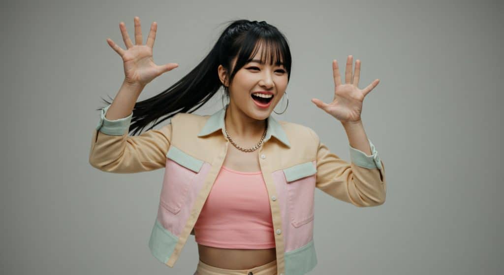 Imagem de uma mulher asiática com as mãos levantadas e sorrindo