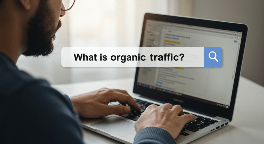 Imagem de um homem com barba e utilizando óculos, pesquisando em um laptop