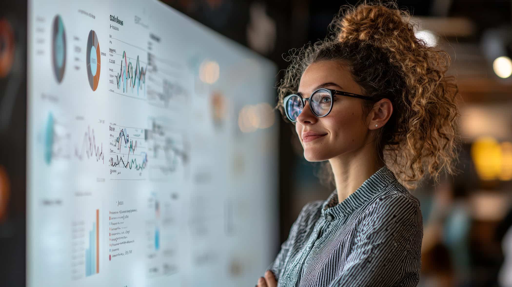 Imagem de uma mulher de cabelo cacheado e óculos olhando para uma tela de dashboards