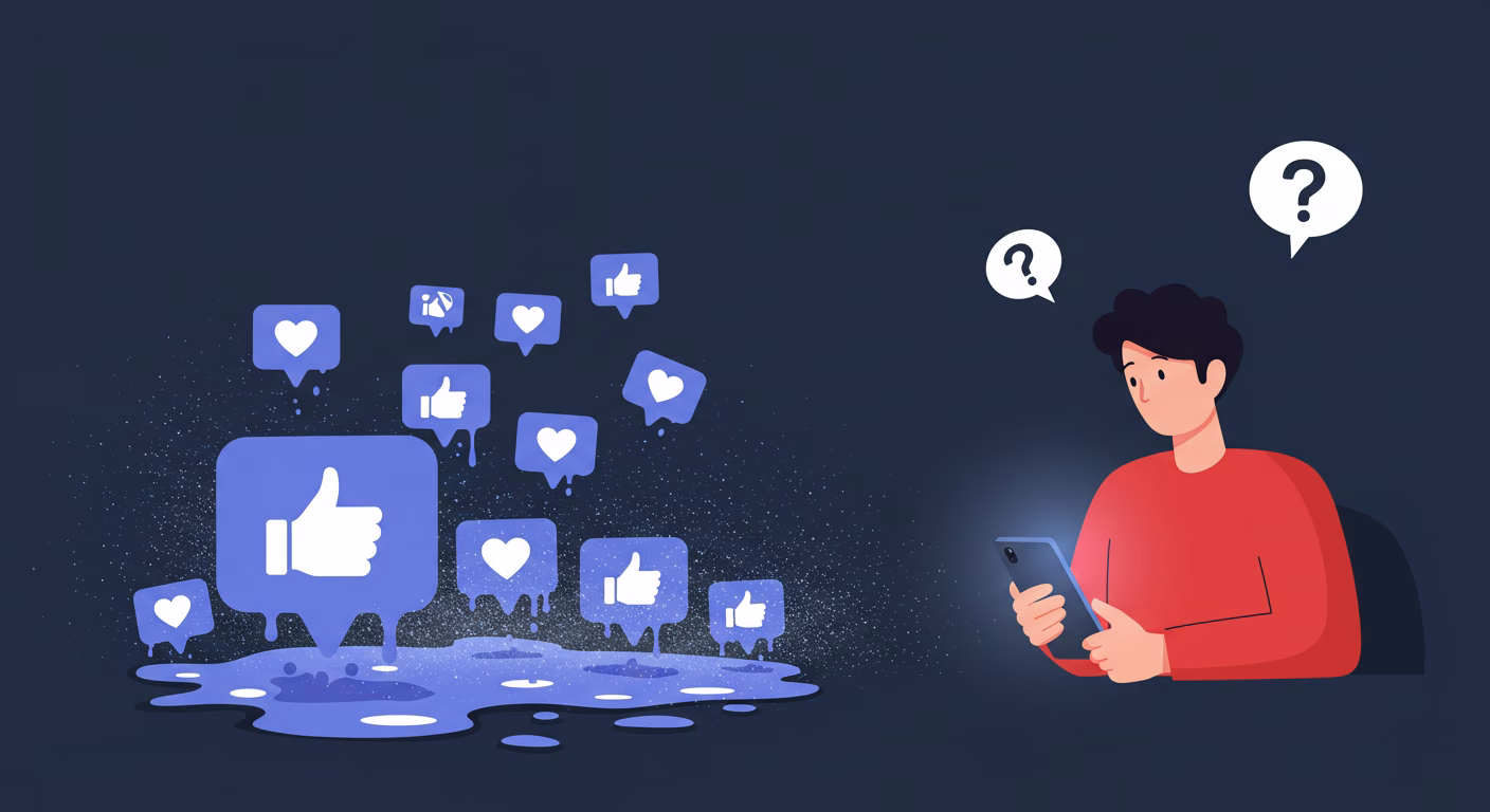 O ChatGPT disse: Ilustração de um jovem olhando para o celular com expressão confusa, enquanto ícones de curtidas e corações derretem no ar ao lado, simbolizando o impacto das redes sociais.