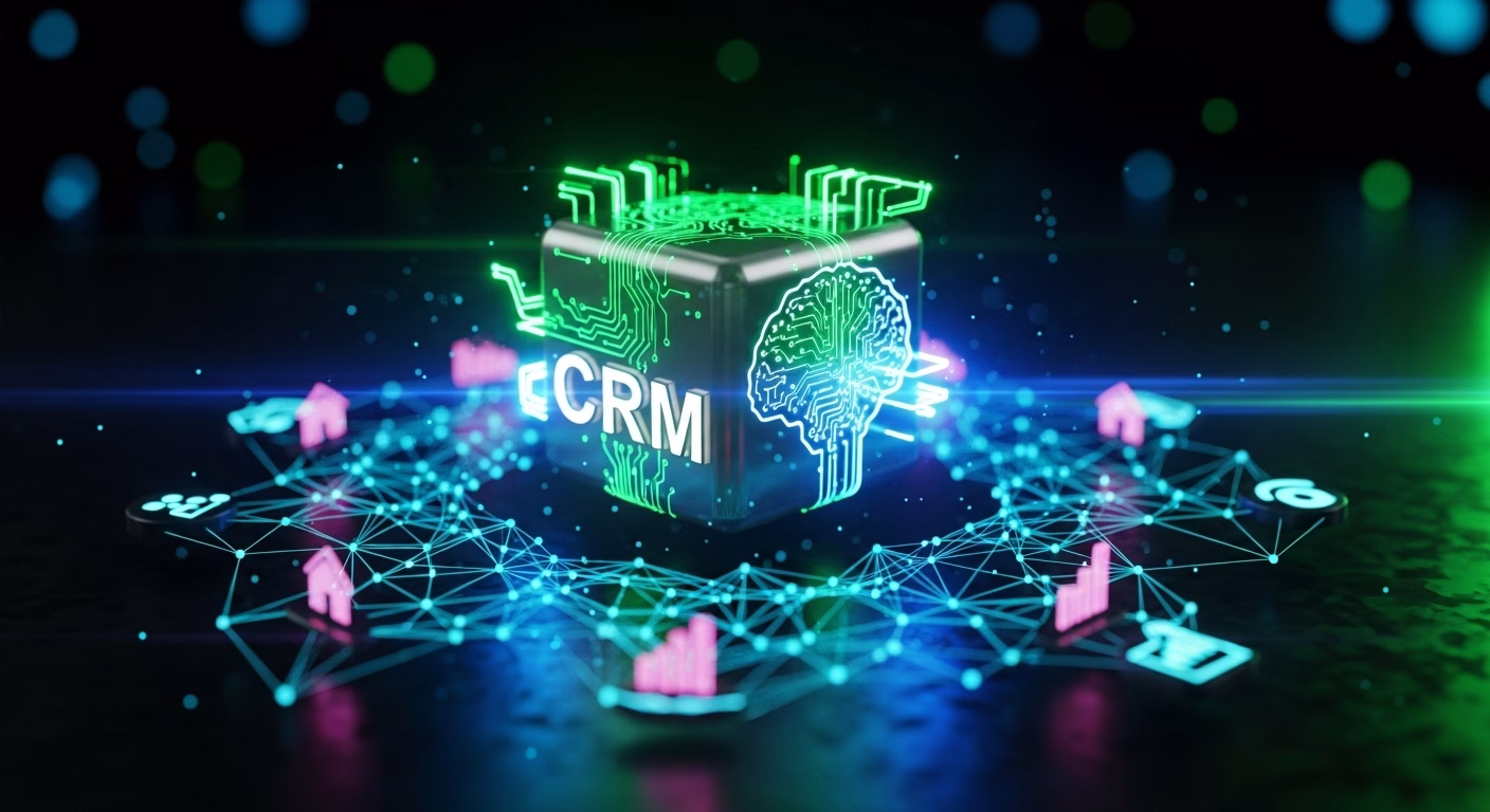 Representação digital de CRM (Customer Relationship Management) em forma de cubo tecnológico, com circuitos verdes e ícones holográficos conectados, simbolizando dados, inteligência artificial e rede de informações interconectadas.