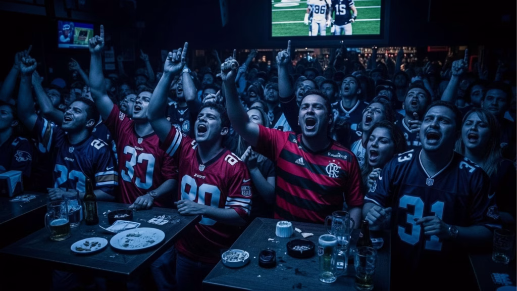 Torcedores de futebol americano em um bar lotado, vestindo camisetas de diferentes times, comemorando com as mãos levantadas e expressões de emoção enquanto assistem a uma partida na TV.