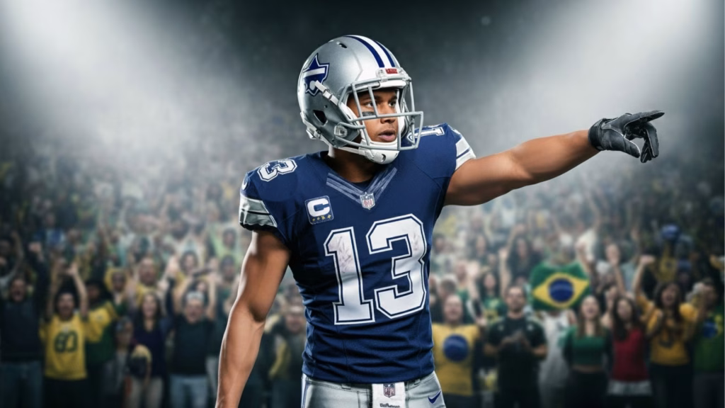 Um jogador de futebol americano da equipe Dallas Cowboys, em uniformes completos, aponta para a multidão com intensidade e entusiasmo durante uma partida, em um estádio iluminado.