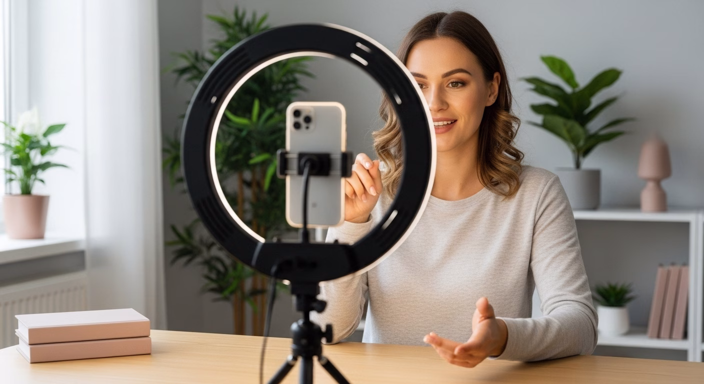 Mulher gravando vídeo com smartphone em suporte e iluminação de ring light, sentada à mesa em ambiente iluminado.