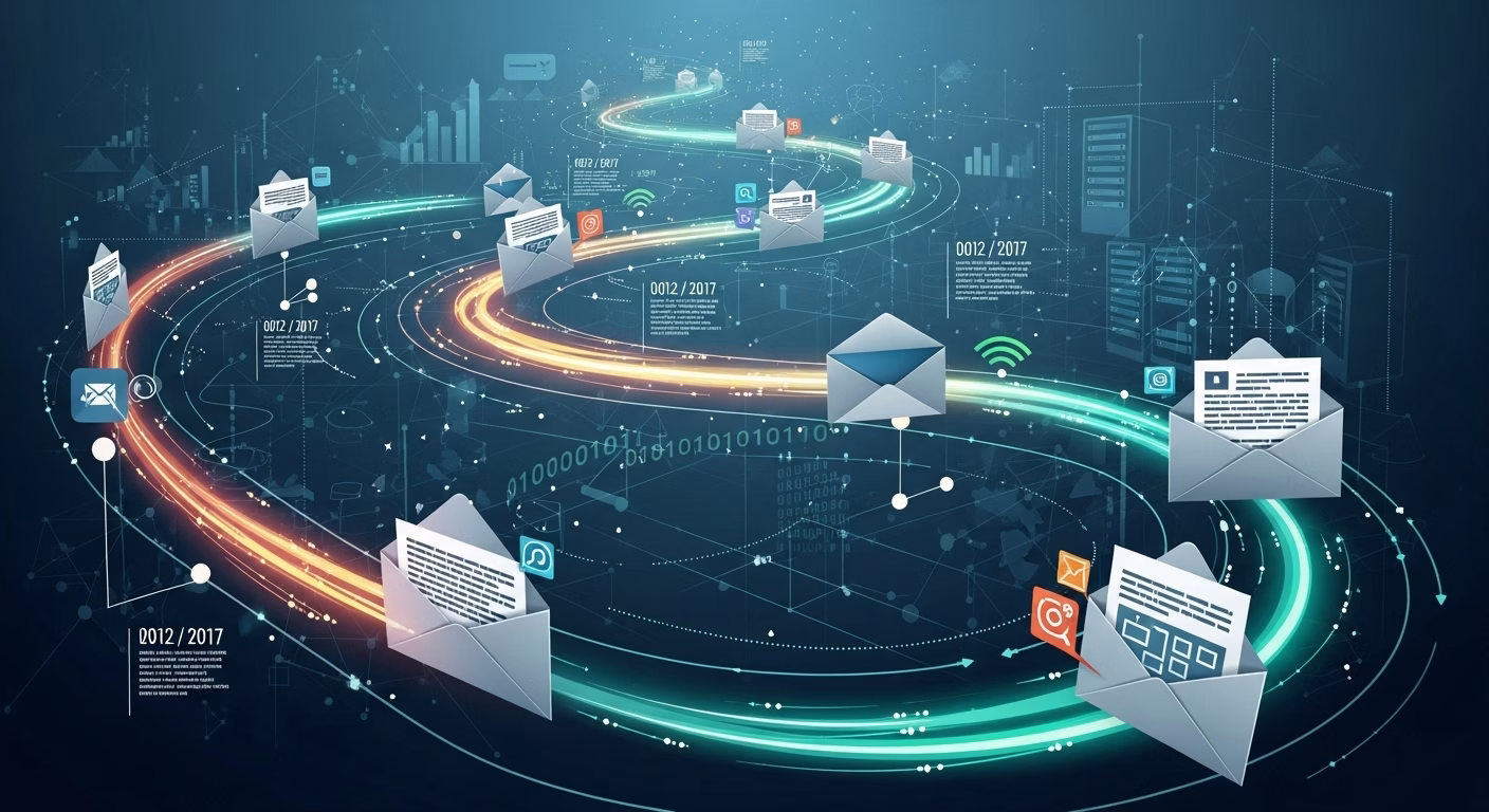 Digital representation of email marketing campaigns, with envelopes and data connected by glowing trails in a tech-themed environment.